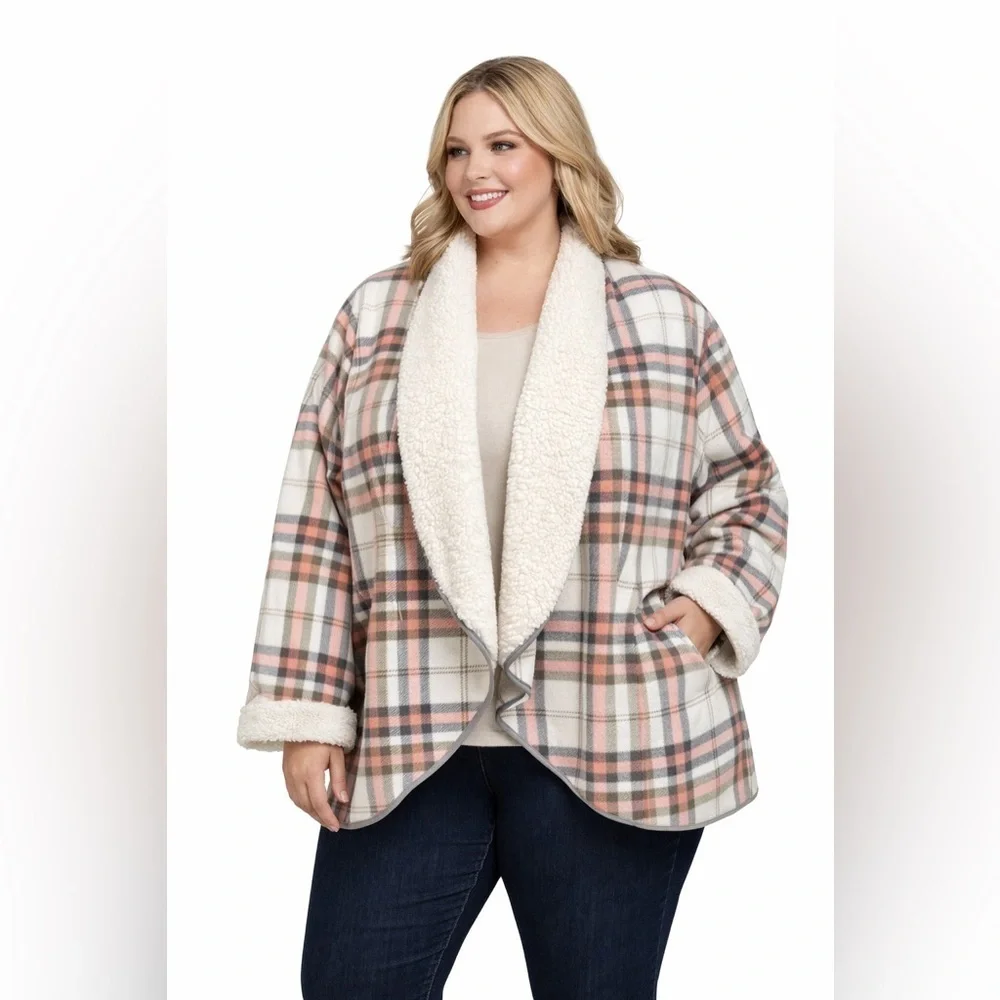 SABRINA LAUREN NEW YORK | Plaid & Faux Sherpa Wrap Coat (Cream/Pink/Grey) - Picture 1 of 7